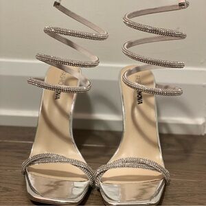 Silver Strappy Rhinestone Heeled Sandals